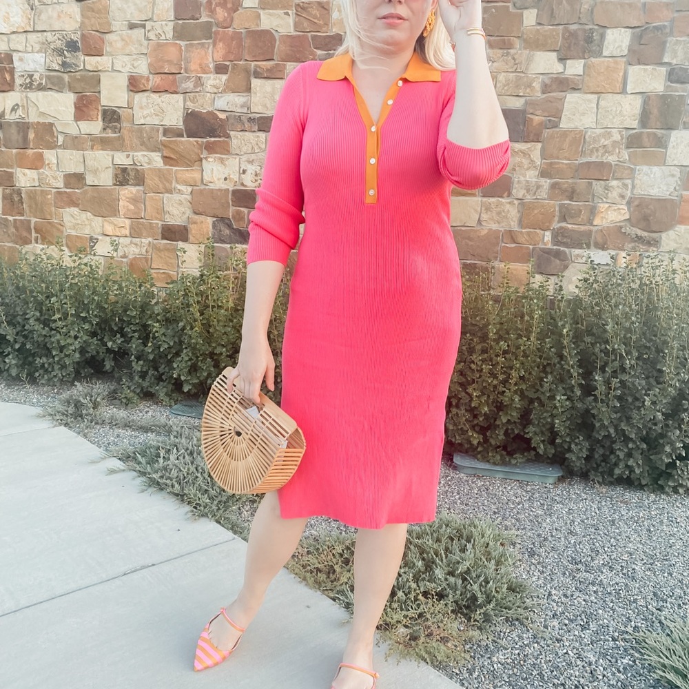 FREE ASSEMBLY Pink Collared Knit Midi Dress with Orange Trim